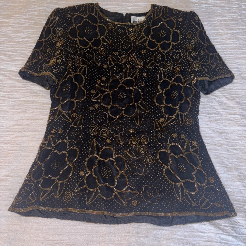 Leslie Fay Women's Beaded‎ Evening Top Medium Black Gold Floral Cocktail Blouse